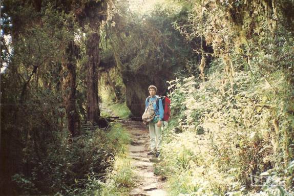 Trecho final da longa caminhada do 2o dia, já abaixo dos 3 mil metros e de volta ao trecho de mata, chegando a Intipata, no caminho inca que leva a Machu Pichu, no Peru (foto de Julho de 1990)